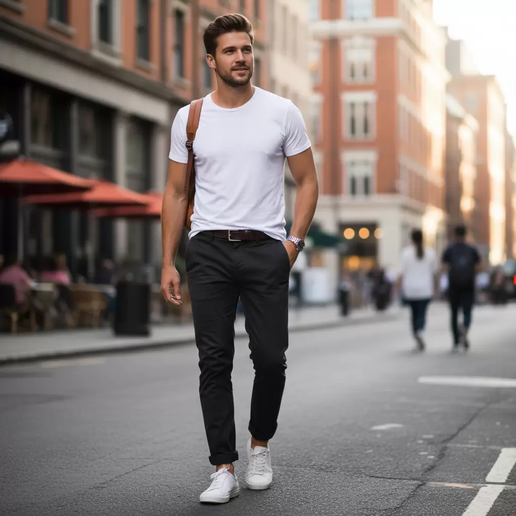 Sự kết hợp giữa quần kaki đen và áo thun mang lại vẻ ngoài năng động và trẻ trung