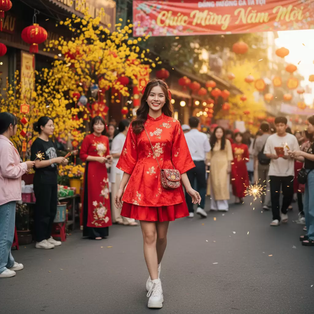 Áo dài cách tân phối cùng giày sneakers là lựa chọn hàng đầu cho các bạn nữ sinh